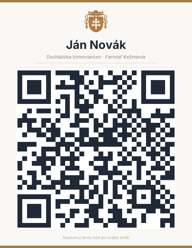 Kartička s QR kódom, ako prichádza e-mailom: erb farnosti, meno birmovanca a QR kód